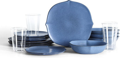 Stone Lain Baskerville 16-Piece Dinnerware Set Stoneware, Borosilicate Glass, Blue