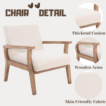 Beige Accent Chair Set of 2 Mid Century Modern Living Room Armchair Wood Sitting Chair Linen Fabric Upholstered Side Chair for Bedroom Cream