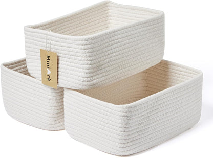 Small Storage Baskets for Organizing | Closet Organizer Bins | Shelf Toy Basket | Woven Rope Baskets | Cube Decorative Box | Shallow Basket | 11.5x7.5x4.7” | 3 Packs Off White