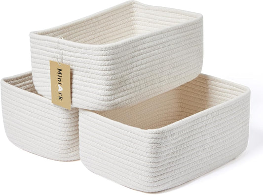 Small Storage Baskets for Organizing | Closet Organizer Bins | Shelf Toy Basket | Woven Rope Baskets | Cube Decorative Box | Shallow Basket | 11.5x7.5x4.7” | 3 Packs Off White