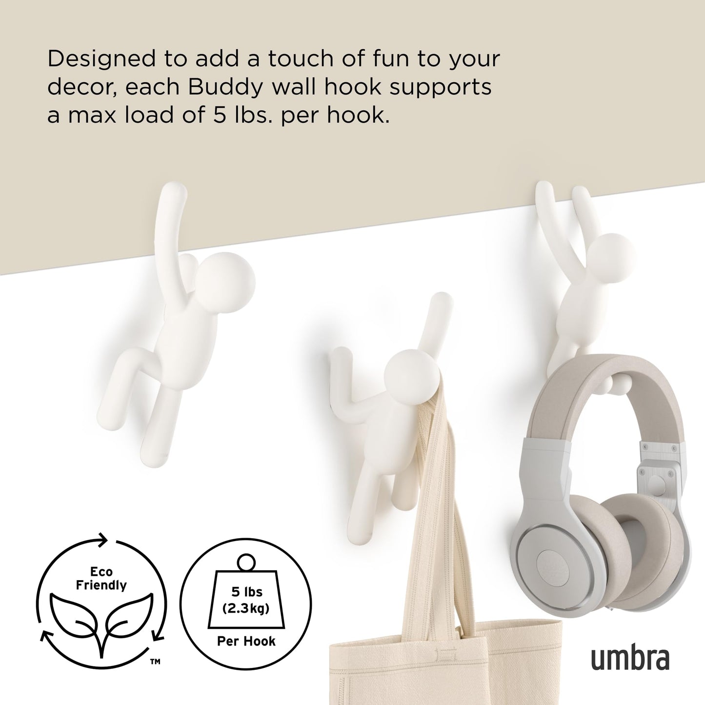 Umbra Buddy Wall Hooks, Decorative Wall Mount Coat Hooks, Set of 3, White