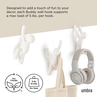 Umbra Buddy Wall Hooks, Decorative Wall Mount Coat Hooks, Set of 3, White