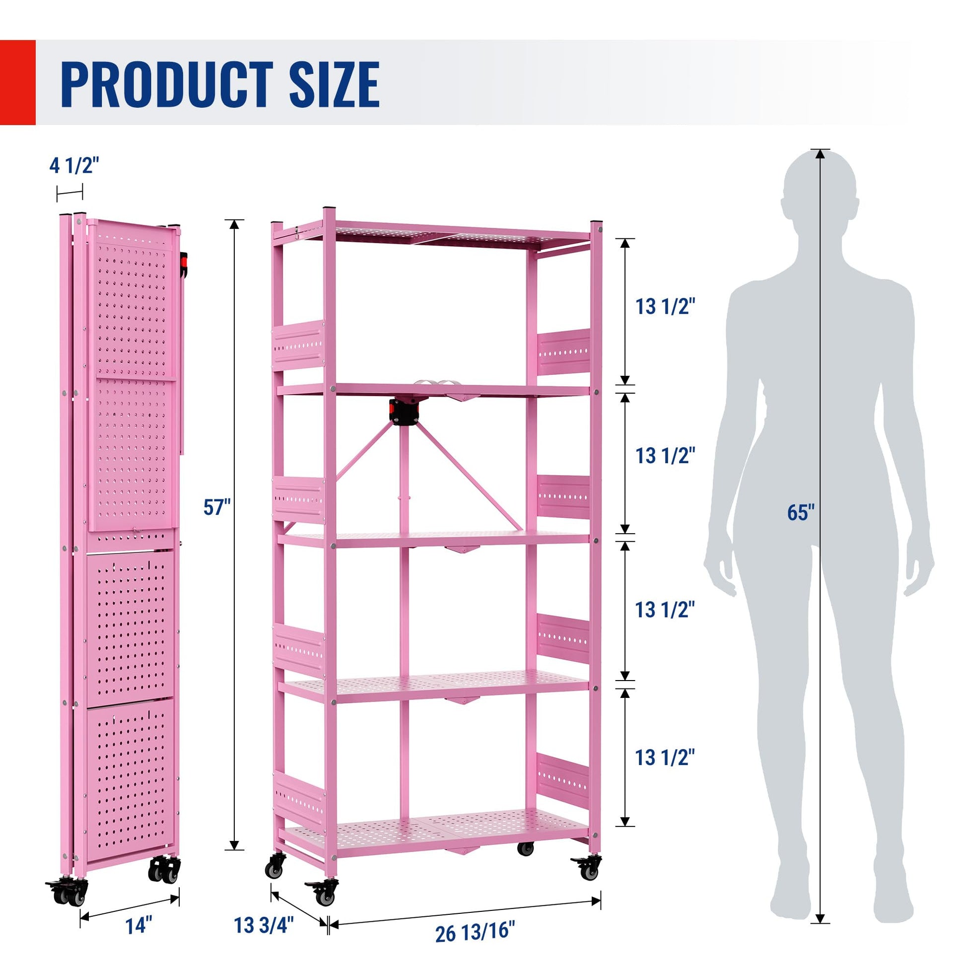 WORKPRO 5-Tier Folding Shelf, No-Assembly Metal Storage Rack with Wheels, 750 lbs Capacity (with