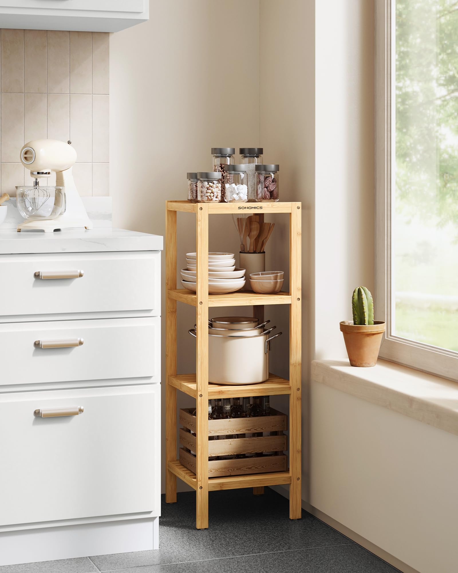 SONGMICS 4-Tier Bamboo Shelf, Narrow Bathroom Shelf, Standing Towel Rack, Corner Rack, for Kitchen