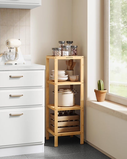 SONGMICS 4-Tier Bamboo Shelf, Narrow Bathroom Shelf, Standing Towel Rack, Corner Rack, for Kitchen