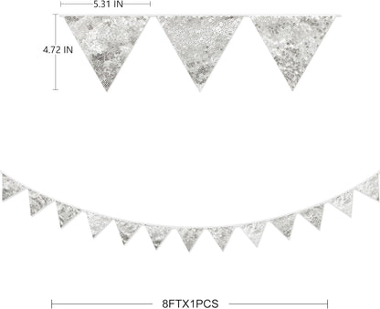 Pinkblume Double Sided Sequin Fabric Triangle Pennant Banner Flag Bunting Garland for Silver Theme Nursery Classroom Home Bedroom Wall Holiday Christmas Decor