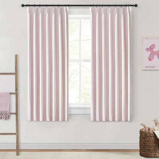Pale Pink Blackout Kitchen Curtains 45 Inch Length 2 Panels Set, Pretty Pinch Pleated Natural Linen Mini Drapes Thermal Privacy with Hooks & Back Tab 45 Inch Long Curtain for Small Windows Light Pink