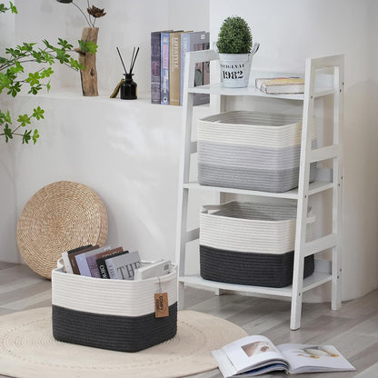COMFY-HOMI Cotton Rope Woven Basket with Handles for Shelves,Toys,Book, Cloth Storage Baskets Bin for Organizing-13.5"x11"x9.5" Toy Decorative Organizer for Living Room, Bathroom-White/Dark Grey