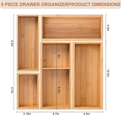 Bamboo Drawer Organizer 5 Pcs for Kitchen Multi-purpose Storage Dividers for Kitchen, Office, Jewelry, Cosmetics, Wooden Drawer Dividers for Drawer Organizer Desk Organizer Gift for Women Gifts Idea