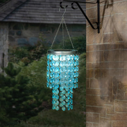 Hanging Solar Lantern Outdoor, 2 Tiers 21” Solar Blue Acrylic Beaded Chandelier with Cool White LED S Hooks for Garden Yard Patio Gazebo Outside Decor