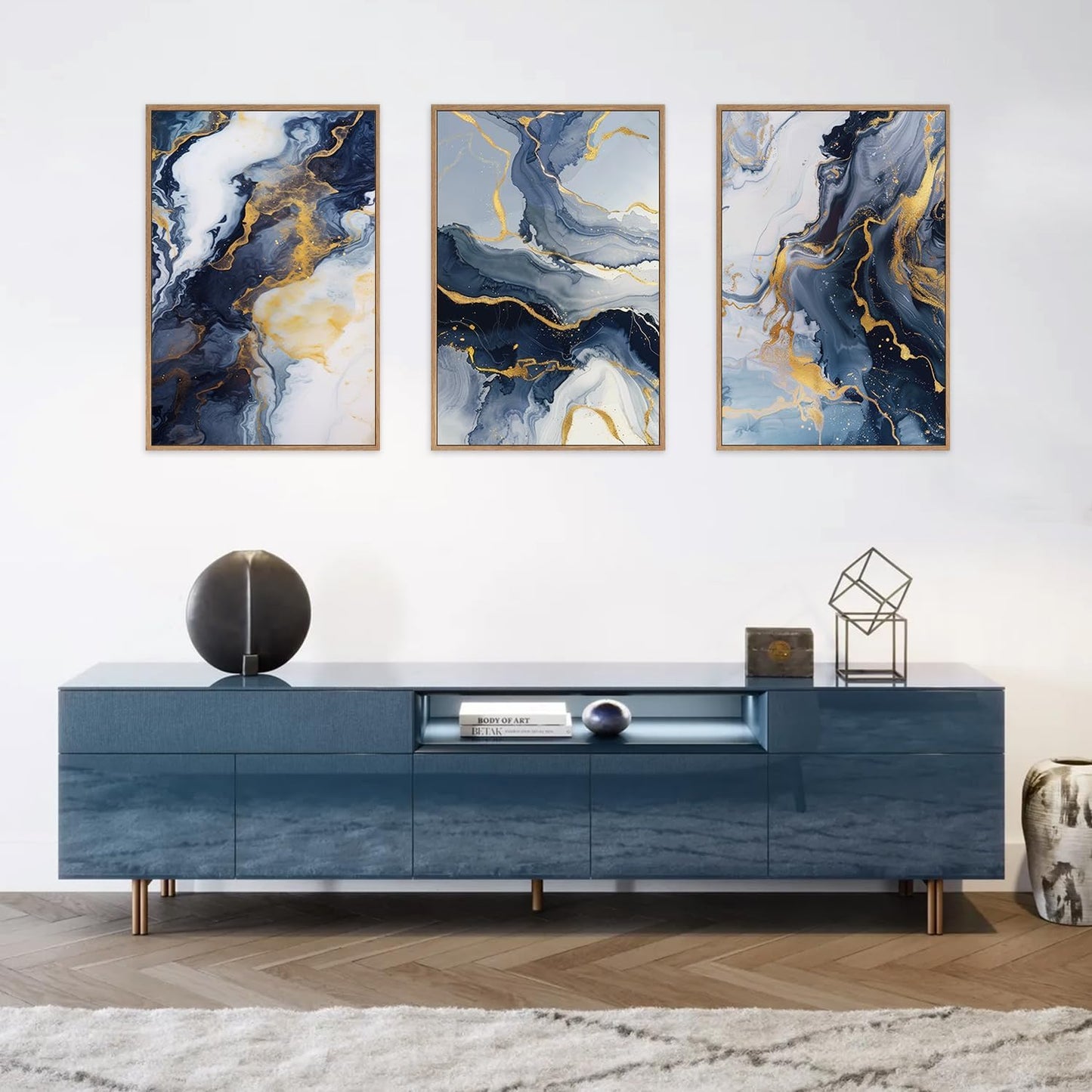 Celestdeco Blue Abstract Framed Canvas Wall Art Set, Blue Golden Aesthetic Wall Decor, Navy Blue Gold Wall Painting, Neutral Modern Art Print for Living Room, Bedroom, Dining Room, Office 24"x36"x3
