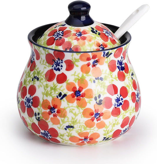 silesia Handmade Sugar Bowl with Lid and Spoon, 9 Ounce Ceramic Hand-Painted Sugar Jar for Home in Gift Box, Kitchen Decor, Oven, Dishwasher & Microwave Safe, Jungle Floral