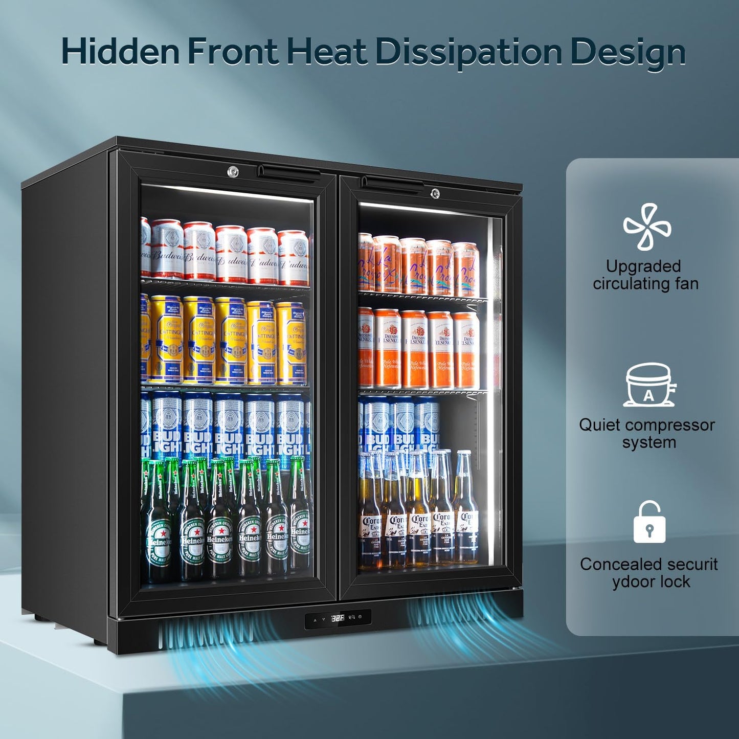 Tylza Back Bar Cooler With 2 Glass Doors, 7.2 Cu.Ft Under Counter Back Bar Refrigerator with LED Lighting, Safety Locks, Counter Height Bar Beverage Cooler for Beer, Soda Drinks, Wine, Black