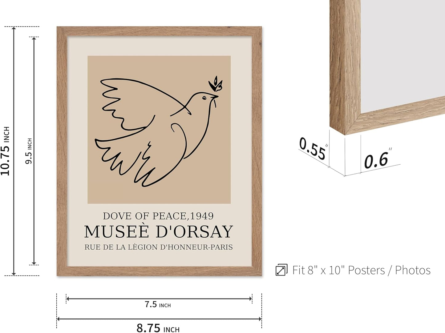 Poster Master Vintage Poster - Retro Minimalist Print - Gift for Artist, Friend - Dove Of Peace, Line Drawing, Sketch, Abstract - Wall Decor for Living Room, Bedroom, 8x10 Beige Framed