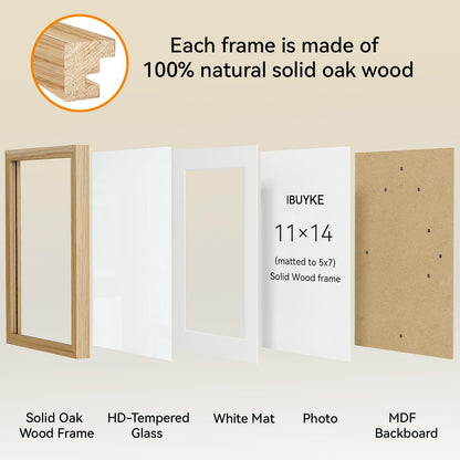 IBUYKE 11 x14 Picture Frame,Set of 3,Solid Oak Wood 11x14 Photo Frame with Mat to 8x10,11x14 Picture Frames With Tempered Glass,Wall Mount Display,Home Decor,Natural Oak 14 x 11 Frame,UWPF1114N-3