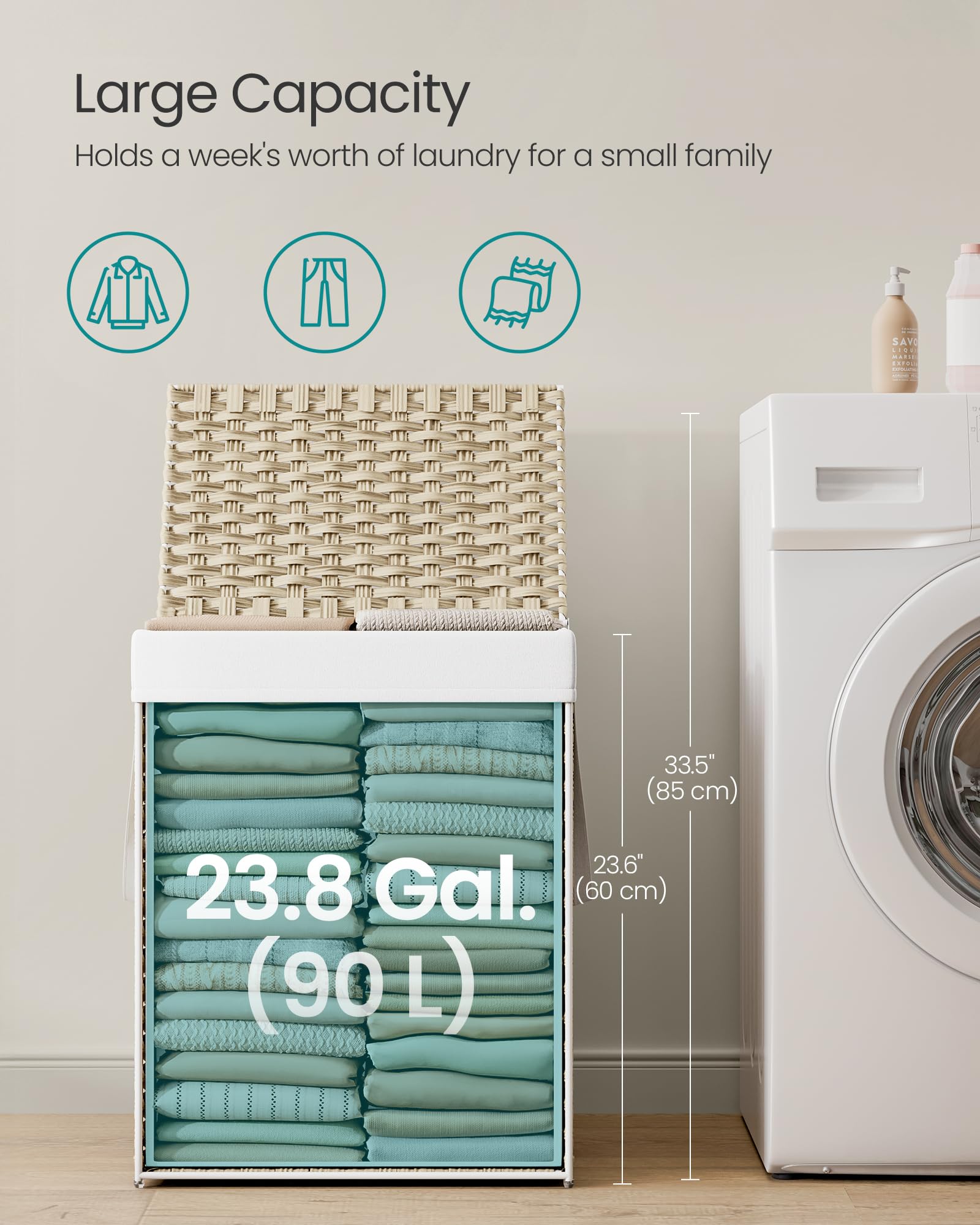 SONGMICS Laundry Hamper with Lid, 23.8 Gallon (90L) Synthetic Rattan Clothes Laundry Basket with