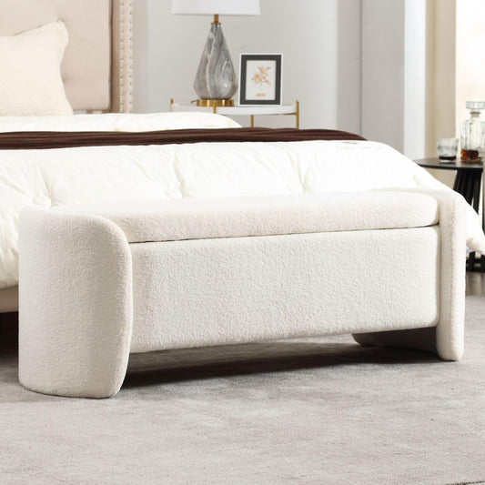 ROCTY White Boucle Storage Bench - 50" Sherpa Ottoman Bench for Bedroom, Entryway, Living Room & Vanity - Teddy Fabric with Storage & Seating