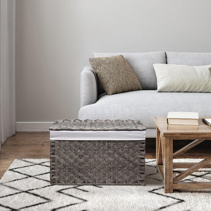 Wicker Storage Basket with Lid, 42.3 Gallon (160L) Large Blanket Basket with Lid, Woven Storage Bin with Handles, Removable Liner, Metal Frame, Foldable, for Bedroom, Laundry Room, Grey