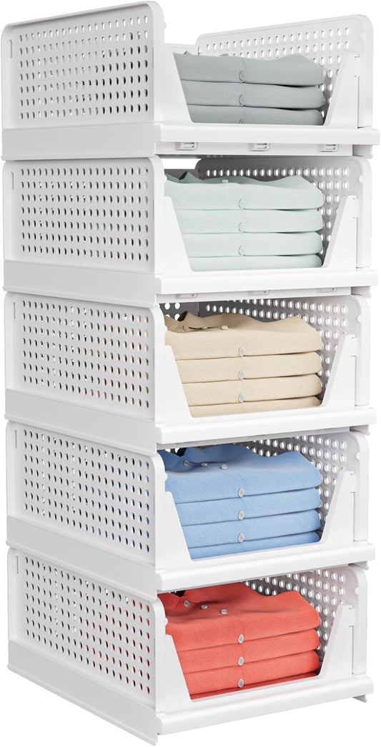 5 Pack Stackable Closet Storage Basket - Stackable Storage Bins, Multifunctional & Foldable Closet Organizer, Wardrobe Cupboard Space-Saving Hat Storage Drawer Organizer, White