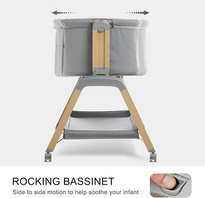 3 in 1 Baby Bassinet, Rocking Bassinets with Comfy Mattress and Wheels, Adjustable Height Bassinet Bedside Sleeper, Easy Folding Portable Crib for Newborn (Grey)