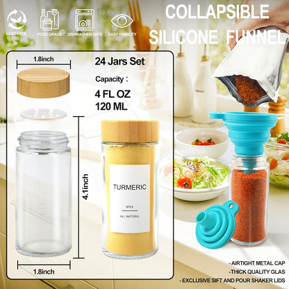 AISIPRIN Glass Spice Jars with 398 Labels-4oz 24 Pcs,Round Seasoning Jars with Bamboo Airtight Lids,Spice Container Set -Shaker Lids, Funnel,Brush and Marker Included