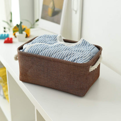 TheWarmHome Small Fabric Canvas Storage Bin with Cotton Rope Handles - Foldable Empty Basket for Gift (Brown-1 Pack,11.8L7.9W5.2H inch)