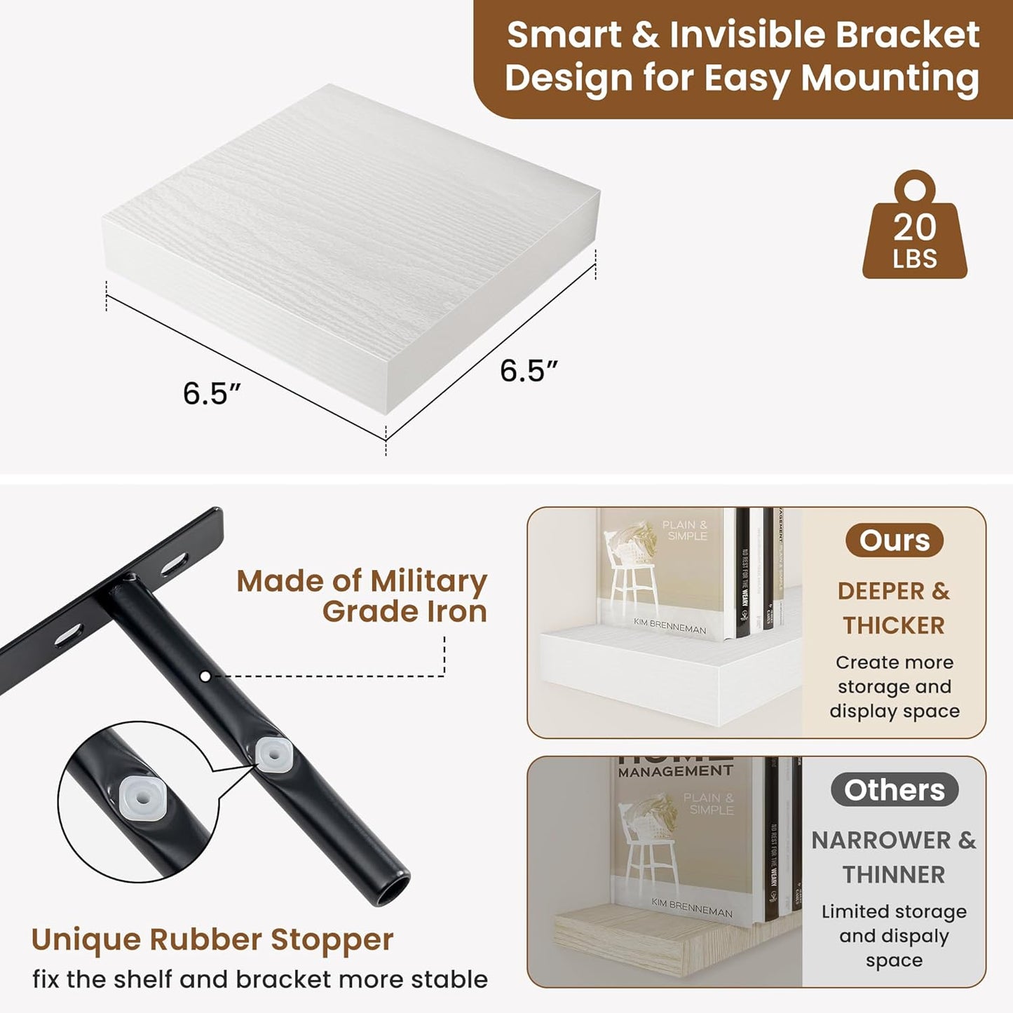 fuqing Floating Shelves for Wall, Bathroom Shelf Wall Mounted for Storage, Shelves with Invisible Bracket for Bedroom, Kitchen, Living Room, Farmhouse Small Book Shelf, 6.5 Inch Set of 3, White