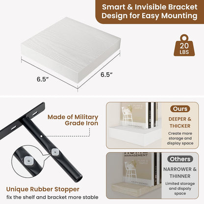 fuqing Floating Shelves for Wall, Bathroom Shelf Wall Mounted for Storage, Shelves with Invisible Bracket for Bedroom, Kitchen, Living Room, Farmhouse Small Book Shelf, 6.5 Inch Set of 3, White