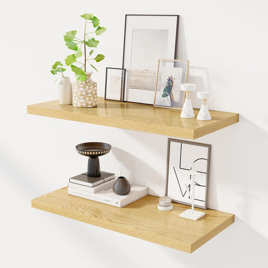 30" Floating Shelves for Wall, 12" Deep Slim Oak Floating Shelves, Wall-Mounted Shelves for Bedroom, Living Room, Kitchen, Bathroom - Set of 2