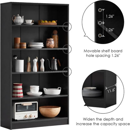 Bookshelf, Open Modern Bookshelf, 5 Shelf Bookcase with Freestanding Display Storage, Wooden Book Shelf for Bedroom, Living Room, Dinning Room, Office, 60 Inch, Black