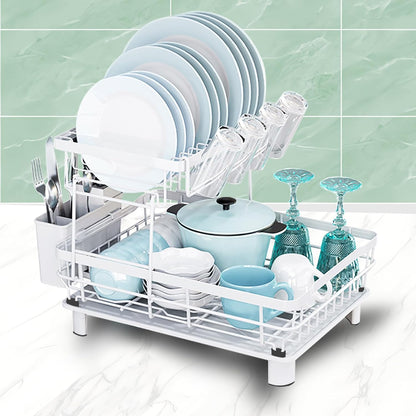 GAXmi Dish Drying Rack Over The Sink Drainer with Drainboard Utensil Holder Cup Holder, 2-Tier White