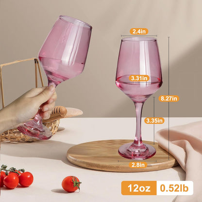 Colored Wine Glasses Set of 6-12oz Colorful Long Stem Wine Glass Cups, Multi Color Pretty Crystal Glassware, Hand Blown Goblets Drinkware, Unique Drinking Stemware Holiday Gift Set for Women