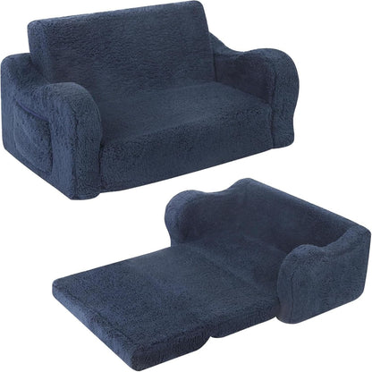 Kids Extra Wide Chairs for Toddler, 2-in-1 Toddler Soft Sherpa Couch Fold Out, Convertible Sofa to Lounger for Girls and Boys, Dark Blue