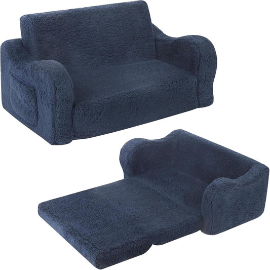 Kids Extra Wide Chairs for Toddler, 2-in-1 Toddler Soft Sherpa Couch Fold Out, Convertible Sofa to