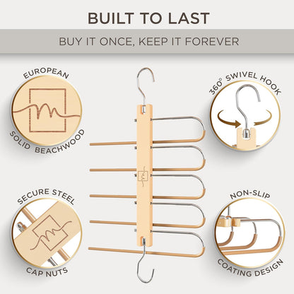 MORALVE Pants Hangers Space Saving - European Beechwood Scarf and Jean Hangers - Closet Organizer and Space Saver Pant Rack, Leggings Hanger, and Scarf Holder with 360° Swivel Hook (1 Pack)