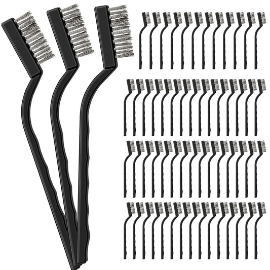 60 Pcs Mini Wire Brush Set Stainless Steel Wire Bristle Scratch Brush Small Metal Brush for Cleaning Curved Handle Masonry Welding for Cleaning Welding Slag and Rust Tool, Black, 6.7 Inches