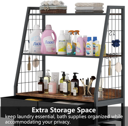 Laundry Hamper Laundry Basket with 3 Section Pull-Out Rolling Bags & 2-Tier Storage Shelf, Laundry Sorter for Organization and Storage with 2 Drawers for Laundry Room, Bathroom