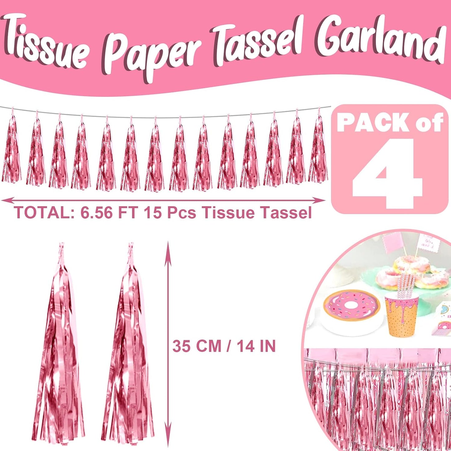 4P Light Pink Foil Fringe Metallic Tassel Streamers Banner Tassel Garland for Parade Floats, Bachelorette, Wedding, Birthday, Halloween, Christmas, Bridal/Baby Shower Party Decorations