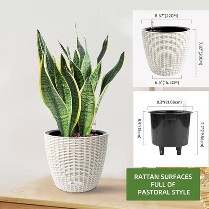 Dexceder 9x8 Inches Rattan Self Watering Planter Indoor Outdoor, Inner Pot Design, Thickened Table Flower Plant Pot with Water Level Indicator (Ivory White)