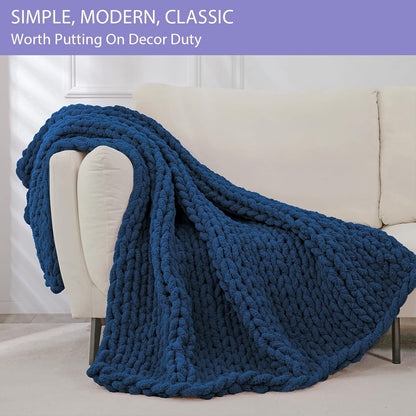 Bigacogo Chunky Knit Throw Blanket for Couch, 60x80 inches, 100% Hand Knitted with Thick Jumbo Chenille Yarn, Cozy Soft Large Rope Knot Cable Crochet Blankets for Sofa Bed Living Room, Navy Blue