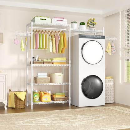 Ulif U5 Over the Washer and Dryer Storage Shelf, Laundry Room Space Saver Bathroom Storage and Organizer Rack for Hanging Towels and Drying Clothes with 5 Wire Shelves, 58.2"W x 13.4"D x 77.5"H, White