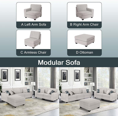 L Lengend Vansen Modular Sectional Sofa U Shaped Couch with Ottoman Modern Reversible Corner Sectional Couch for Living Room (Light Grey, 2+3 with Ottoman)