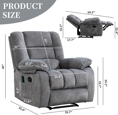Massage Recliner Chair with Heat and Massage, Soft Fabric Ergonomic Manual Reclining Chairs, Heavy Duty Reclining Sofa Chair with Side Pockets for Living Room (Light Grey)