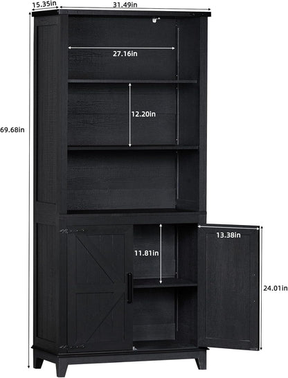 70in Tall Bookshelf 5 Tier Bookcase with Barn Doors and Adjustable Shelves, Black Farmhouse Book Shelf with Storage Cabinet, Wood Freestanding Display Bookshelves for Bedroom, Kitchen (2PCS)