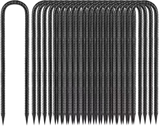 Rebar-Stakes-12-Inch, Ground Stakes Heavy Duty U-Hook Black Coated Anti-Rust Heavy Duty Ground
