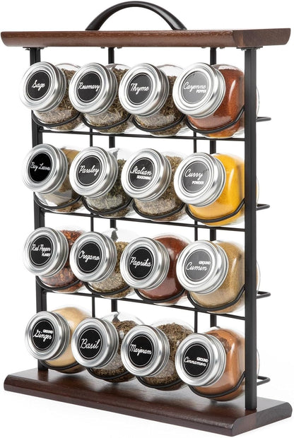 Orii 16 Jar Acacia Wood & Metal Wire Spice Rack with Spices Included, Storage for Spices and Seasoning, Black & Brown