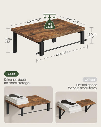 Deep Floating Shelves for Wall, 12 inch Wall Mounted Shelves Set of 2, Wide Floating Shelves for Living Room, Bedroom, Study, Bathroom, Rustic Brown and Black TBJ02P2BF