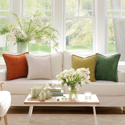 decorUhome Chenille Soft Throw Pillow Covers 20x20 Set of 2, Farmhouse Velvet Neutral Decorative Euro Pillow Covers with Stitched Edge for Couch Sofa Bed Home Decor, Beige