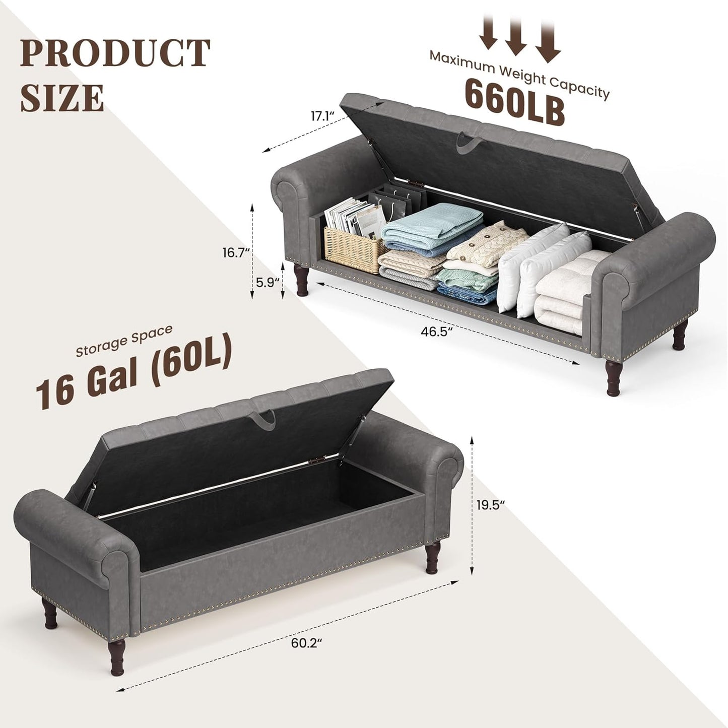 YOUDENOVAn 60”Bench with Storage, Upholstered Tufted Button Window Bench with Plenty Hidden Storage Space,Faux Leather Ottoman Bench for Bedroom, Living Room, Entryway，Grey