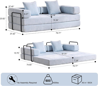 Convertible Sleeper Sofa Bed, Compression Folding Sofa with Pillow, No Assembly Required, Shape Frame, Floor Sofas Lounge Couch for Living Room, Bedroom, Small Spaces(Chenille, 77''W, Light Blue)